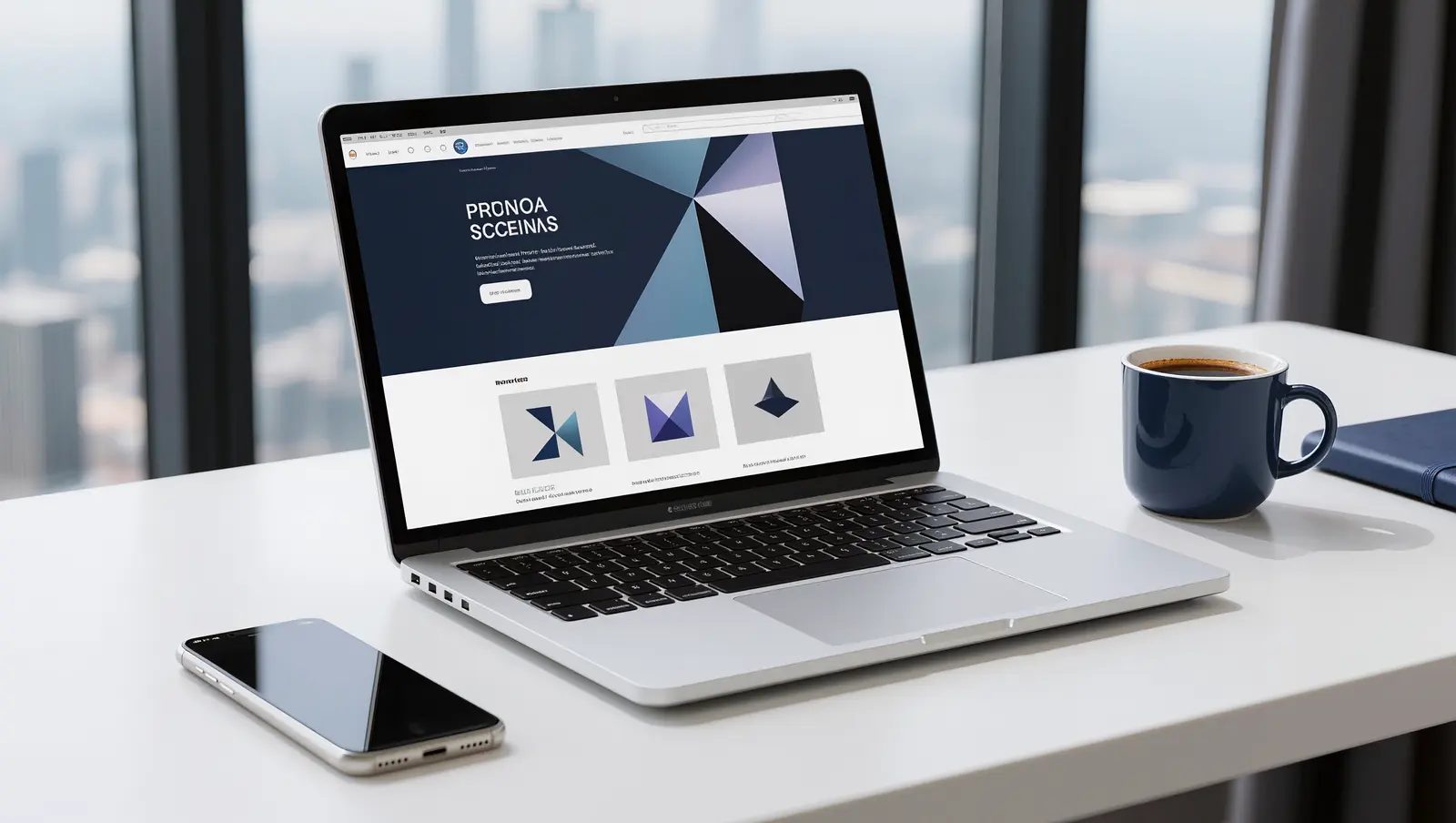 Modern weboldal egy laptop képernyőjén, íróasztalon, város háttérrel